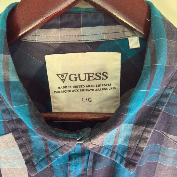 GUESS Men’s Large Blue Plaid Long Sleeve Button-Down Shirt - Picture 8 of 9